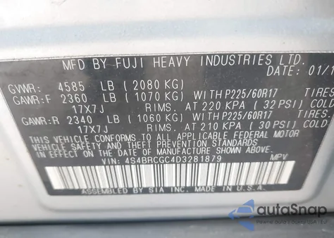 2013 Subaru Outback 2.5I Premium z USA, uszkodzony, nr VIN 4S4BRCGC4D3281879